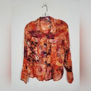 Chico's Orange and Red Silk Floral Button-Up Top, Size 2 (12)